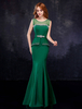Abendkleider mit Rundkragen Hochzeit Mermaid- Brautmutterkleider Satingewebe Formelle Kleider ärmellos und Schnürung Jägergrün bodenlang
