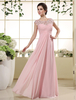 Abendkleider mit Rundkragen Hochzeit ärmellos Ballkleider Hellrosa Formelle Kleider Chiffon A-Linie- bodenlang natürliche Taillenlinie und Spitzen