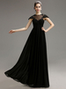 Abendkleider mit Rundkragen Hochzeit Schwarz Brautkleider Schwarz Chiffon Formelle Kleider A-Linie- und Reißverschluss bodenlang