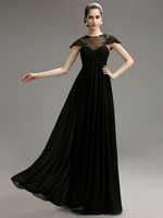 Abendkleider mit Rundkragen Hochzeit Schwarz Brautkleider Schwarz Chiffon Formelle Kleider A-Linie- und Reißverschluss bodenlang
