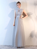 Abendkleider Silber Stehkragen Formales Kleid Spitze Sicke Ausschnitt Schärpe Chiffon Anlass Kleid