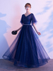 Abendkleider V-Ausschnitt Hochzeit 1/2 Ärmel Ballkleider Dunkelmarineblau Formelle Kleider Tüll A-Linie- mit Schnürung bodenlang und Gürtel