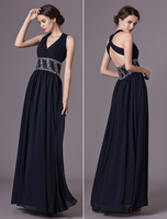 Abendkleider V-Ausschnitt Hochzeit A-Linie- Abendkleider mit Rückenausschnitt Chiffon Formelle Kleider ärmellos Dunkelmarineblau bodenlang