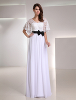 Abendkleider V-Ausschnitt Hochzeit A-Linie- Brautmutterkleider Chiffon Formelle Kleider Kurzarm mit Reißverschluss Weiß bodenlang