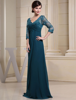 Abendkleider V-Ausschnitt Hochzeit Empire- Brautmutterkleider Elastische Kunstseide Formelle Kleider 3/4 Ärmel Tintenblau bodenlang