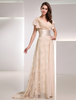 Abendkleider V-Ausschnitt Hochzeit Kurzarm Abendkleider Chiffon Champagner Formelle Kleider Chiffon A-Linie- mit Reißverschluss und Schleppe