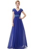 Abendkleider V-Ausschnitt Hochzeit Kurzarm Brautmutterkleider Königsblau Formelle Kleider Chiffon A-Linie- mit Reißverschluss bodenlang und Falten
