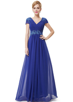 Abendkleider V-Ausschnitt Hochzeit Kurzarm Brautmutterkleider Königsblau Formelle Kleider Chiffon A-Linie- mit Reißverschluss bodenlang und Falten