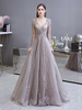 Abendkleider V-Ausschnitt Hochzeit Langarm Ballkleider Blushrosa Formelle Kleider Spitze Prinzessin mit Reißverschluss Mit Schleppe 30cm und Spitzen