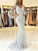 Abendkleider V-Ausschnitt Hochzeit Langarm Elfenbeinfarbe Spitze Formelle Kleider Mermaid- Knöpfe Mit Schleppe 30cm mit Gürtel