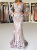 Abendkleider V-Ausschnitt Hochzeit Langarm Kamee Rosa Satingewebe Formelle Kleider Mermaid- mit Reißverschluss Mit Schleppe 30cm und Spitzen