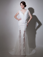 Abendkleider V-Ausschnitt Hochzeit Mermaid- Abendkleider Chiffon Chiffon Formelle Kleider Elfenbeinfarbe mit Schleppe natürliche Taillenlinie
