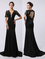 Abendkleider V-Ausschnitt Hochzeit Mermaid- Abendkleider mit Spitze Spitze Formelle Kleider Kurzarm mit Reißverschluss Schwarz und Court-Schleppe