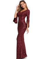 Abendkleider V-Ausschnitt Hochzeit Mermaid- Abendkleider Pailletten mit Pailletten bestickt Formelle Kleider Langarm und Reißverschluss Burgunderrot