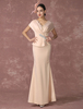 Abendkleider V-Ausschnitt Hochzeit Mermaid- Brautmutterkleider Satingewebe Formelle Kleider Kurzarm mit Reißverschluss Champagner knöchellang