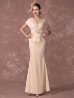 Abendkleider V-Ausschnitt Hochzeit Mermaid- Brautmutterkleider Satingewebe Formelle Kleider Kurzarm mit Reißverschluss Champagner knöchellang