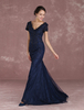 Abendkleider V-Ausschnitt Hochzeit Mermaid- Brautmutterkleider Spitze Formelle Kleider Kurzarm mit Reißverschluss Dunkelmarineblau und Schleppe