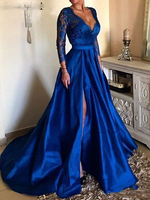Abendkleider V-Ausschnitt Hochzeit Prom- Spitze 3/4 Ärmel Formelle Kleider mit Reißverschluss Königsblau Mit Schleppe