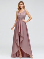 Abendkleider V-Ausschnitt Hochzeit ärmellos Abendkleider Blushrosa Formelle Kleider Satingewebe A-Linie- bodenlang mit Perlen-Applikation