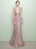 Abendkleider V-Ausschnitt Hochzeit ärmellos Ballkleider Champagner mit Pailletten bestickt Mermaid- und Reißverschluss und Schleppe 20cm
