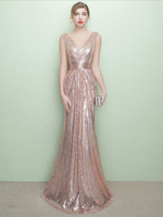 Abendkleider V-Ausschnitt Hochzeit ärmellos Ballkleider Champagner mit Pailletten bestickt Mermaid- und Reißverschluss und Schleppe 20cm