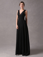 Abendkleider V-Ausschnitt Hochzeit ärmellos langes Abendkleid Schwarz Formelle Kleider Elastische Kunstseide A-Linie- bodenlang