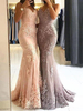 Abendkleider V-Ausschnitt Hochzeit ärmellos Peach Satingewebe Formelle Kleider Mermaid- mit Reißverschluss Mit Schleppe 30cm und Spitzen