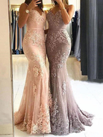 Abendkleider V-Ausschnitt Hochzeit ärmellos Peach Satingewebe Formelle Kleider Mermaid- mit Reißverschluss Mit Schleppe 30cm und Spitzen
