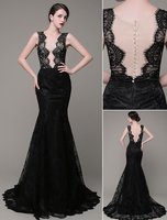 Abendkleider V-Ausschnitt Hochzeit ärmellos Promi-Kleider Schwarz Formelle Kleider Spitze Mermaid- Knöpfe mit Court-Schleppe 30cm und Knöpfen