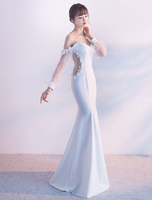 Abendkleider viereckiger Ausschnitt Hochzeit Langarm Günstige Abendkleider milchweiß / elfenbeinweiß Satingewebe Mermaid- mit Reißverschluss