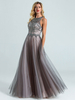 Abschlussballkleid Eine Linie Juwel Hals Tüll Sleeveless Perlen graue Parteikleider Abendkleid