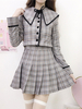 Academic Lolita Outfits Hellgraue Knöpfe Plissee Bögen Plaid Lange Ärmel Minirock Mantel