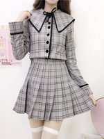 Academic Lolita Outfits Hellgraue Knöpfe Plissee Bögen Plaid Lange Ärmel Minirock Mantel