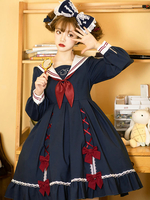 Academy Lolita OP Kleid 2-teiliges Set Dunkelblaue Rüschen Bowknot Lolita Einteilige Kleider Outfit