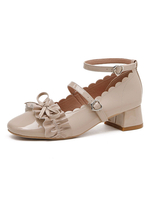 Akademische Lolita Schuhe Aprikose Bögen Square Toe Patent PU Obere Lolita Pumps