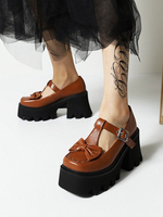 Akademische Lolita Schuhe Kaffee Braun PU Leder Keilabsatz Lolita Schuhe