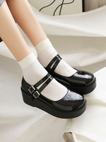 Akademische Lolita Schuhe Schwarz Runde Zehe Keilabsatz PU Leder Lolita Schuhe