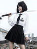 Akademisches Lolita 3-teiliges Set Weiß Langarm Peter Pan Kragenhemd Schwarz Krawatte Überrock Outfits
