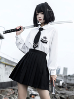 Akademisches Lolita 3-teiliges Set Weiß Langarm Peter Pan Kragenhemd Schwarz Krawatte Überrock Outfits