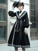 Akademisches Lolita OP Kleid 2-teiliges Set Bögen Schnüren Schwarz Langarm Lolita Einteilige Kleider Outfit