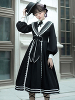 Akademisches Lolita OP Kleid 2-teiliges Set Bögen Schnüren Schwarz Langarm Lolita Einteilige Kleider Outfit