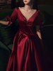 Anpassen Abendkleid A-Linie Juwelenhals Knöchellange Halbarm Schnürschuhe Plissee Satin Partykleider Festzugskleid