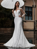 Anpassen Brautkleider Mit Zug Weiß Langarm Knöpfe Jewel Neck Bridal Mermaid Dress