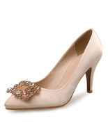 Aprikose Mutter der Braut Schuhe High Heels Satin Spitz Zeh Rhinestone Perlen Slip On Pumps