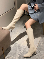 Aprikosen kniehohe Stiefel Leder Frauen spitzen Zehen Kätzchen Absatz breite Wadenstiefel