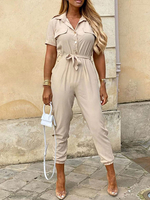 Aprikosen-Overall Frauen Turndown-Kragen Kurzarm Baumwollmischung Skinny Summer Playsuit