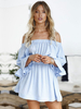 Aus der Schulter Minikleid Langarm geraffte blauen Sommerkleid