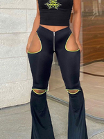 Ausgestellte Hose Schwarz Ausgeschnittener Polyester Unregelmäßig erhabene Taille Schwarze Hose