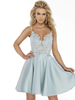 Baby blau homecoming kleid 2022 baby blau a-line v-neck ärmelloses satin stoff spitze kurze parteikleid