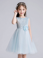 Baby Blue Flower Girl Kleider Jewel Neck Tulle Ärmellose Short Princess Kleid Bögen Kids Social Party Kleider